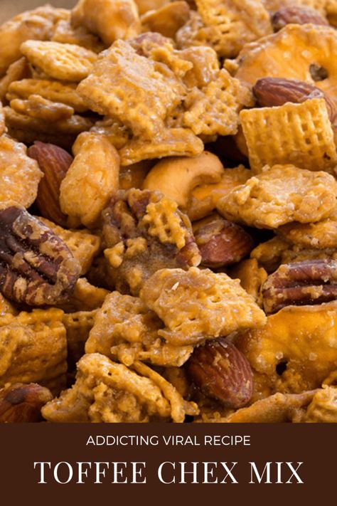 Ridiculously Addicting Toffee Chex Mix Recipe - Everyday Dishes Chex Mix Recipes Sweet, Chex Recipes, Chex Mix Recipe, Cereal Snacks, Dips And Snacks, Chex Mix Recipes, Snack Mixes, Snack Mix Recipes, Candy Snacks