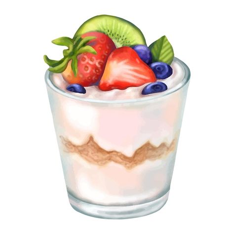 Yogurt Illustration, Fruit Yoghurt, Yogurt Strawberry, Colorful Ice Cream, Chocolate Sticks, Fruit Yogurt, Food Plate, Fruits Drawing, Strawberry Juice