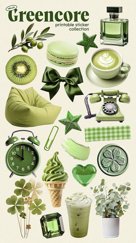 Green Objects Aesthetic, Cute Green Things, Green Stickers Aesthetic, Kiwi Ice Cream, Ice Cream Set, Green Sticker, Set Ideas, Awesome Designs, Art Idea