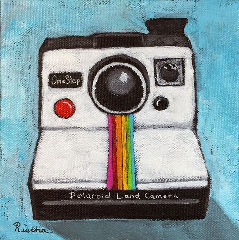 Artist-Ri Studio: 30 in 30 Day 11 - Polaroid - Acrylic Vintage Camera Painting by Rischa Heape Instax Camera Painting, Polaroid Camera Painting, Clay Camera, Camera Painting, Vinyl Paintings, Glue Books, Inspo Art, Camera Art, Smash Books