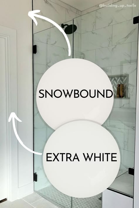 Snowbound paint dot and an extra white paint dot with arrows pointing out where each color is in a bathroom. Snowbound Walls, Sw Snowbound, Small Bathroom Paint Colors, Sherwin Williams Snowbound, Small Bathroom Paint, Painting Trim White, Trim Paint Color, White Wall Bedroom, Sophisticated Bathroom