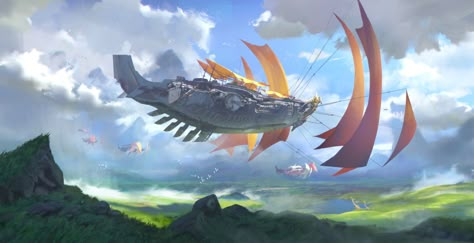 Fantasy Airship, Flying Ships, Airship Art, Flying Ship, Aircraft Painting, Arte Alien, Fiction Idea, Spaceship Concept, Fantasy Setting