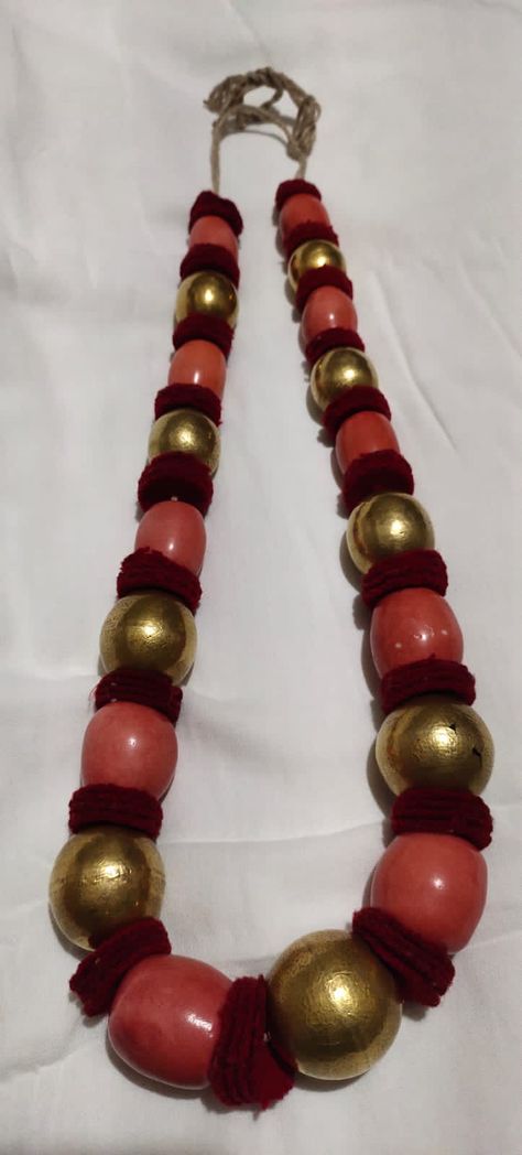 Yu paila, a traditional necklace made of coral, gold and velvet beads from Meghalaya, circa mid 20th century CE, privately owned Traditional Necklace, Traditional Jewelry, 20th Century, Fashion Show, Coral, Velvet, India, Beads, Gold