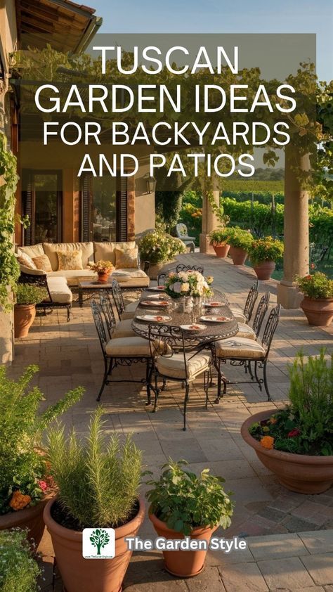 Bring Tuscan flair to your backyard and patio with these creative ideas. Learn how to blend natural beauty with rustic charm for a stunning outdoor retreat. Visit TheGardenStyle.com to explore the Tuscan style and see our recommended affiliate products. Tuscan Courtyard Garden, Italian Porch Ideas, Tuscan Courtyard Ideas, Mediterranean Patio Design Ideas, Tuscany Inspired Backyard, Italian Courtyard Ideas, Tuscany Garden Ideas, French Style Backyard, Italian Style Backyard