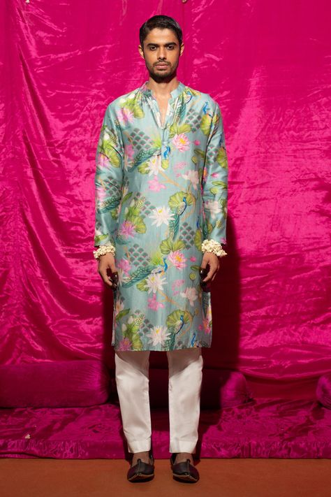 Shop for Chrkha Blue Chanderi Silk Floral Pattern Kurta And Pant Set for Men Online at Aza Fashions Denim Diy Clothes, Indian Groom Wear, Haldi Outfit, White Pant, Kurta Men, Set Saree, Indian Men Fashion, Chinese Collar, Guest Attire