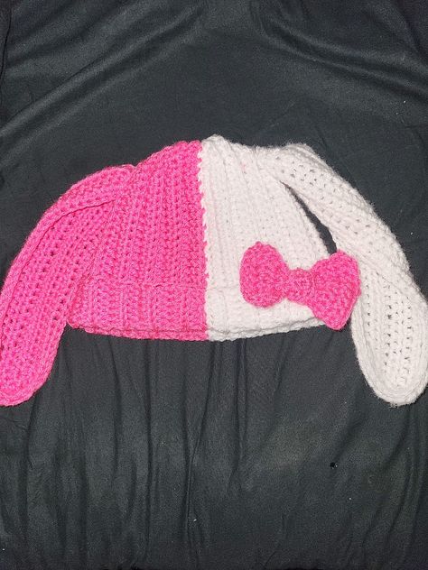 Handmade crochet beanie I made. I was inspired by the character of My Melody from the sanrio characters. It is selling for 20$ Melody Crochet Hat, My Melody Crochet Hat, My Melody Crochet, My Melodi, Bunny Beanie, Vallejo California, Crochet Beanie, Sanrio Characters, Crochet Hat