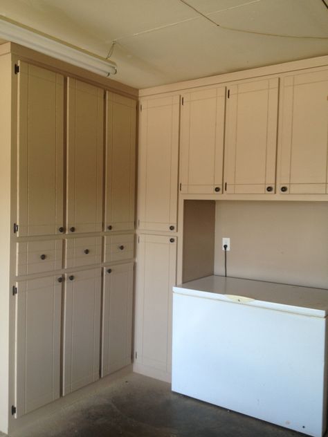 Garage Cabinets built around the deep freezer.  could work for in pantry Kitchen With Deep Freezer, Garage Fridge And Freezer, Garage With Deep Freezer, Pantry Chest Freezer, Laundry Room Deep Freezer, Mud Room With Deep Freezer, Pantry Design With Deep Freezer, Garage Deep Freezer, Deep Freezer In Laundry Room