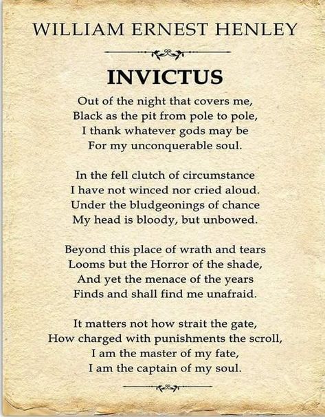 William Ernest Henley _ A favourite poem of my youth Invictus Poem, William Ernest Henley, Unique Room Decor, Childrens Poems, My Youth, Typography Wall, Warrior Quotes, The Big Lebowski, Typography Wall Art