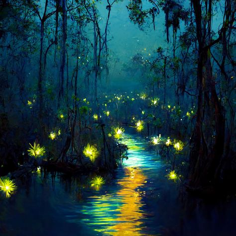 Sleepy lagoon moon forest swamp creek fairy lights floating glow arabesque tiny boat trees moss night Louisiana beautiful 4K Impressionism jazz green fireflies River At Night Painting, Magical Swamp Art, Swamp Lights, Night Forest Painting, Swamp Fairy, Lagoon Painting, Swamp Painting, Swamp Boat, Firefly Photography