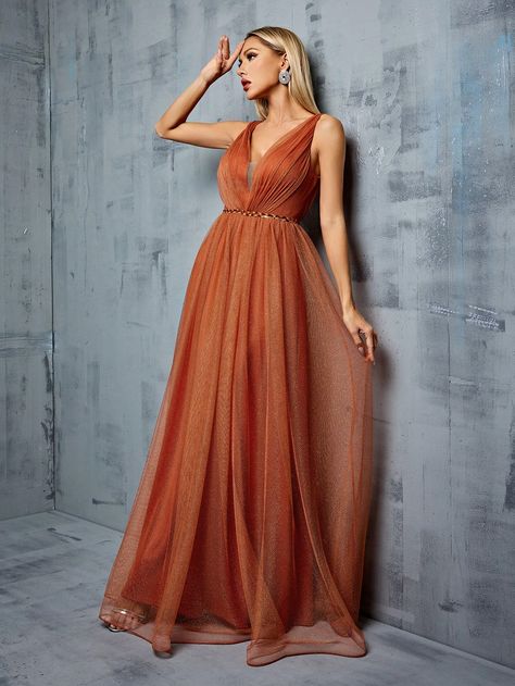 Metallic Mesh Tulle Folding Sequin Ribbon Pieced Bridesmaid Dress With V-Neckline Burnt Orange   Sleeveless Woven Fabric Plain A Line Non-Stretch  Weddings & Events, size features are:Bust: ,Length: ,Sleeve Length: 70s Wedding Bridesmaid Dresses, Rust Colored Dress Wedding, Terracotta Bridesmaids Dresses, Copper Dress Bridesmaid, Burnt Orange Gown, Orange Wedding Dress, Burnt Orange Bridesmaid Dresses, Nerdy Wedding, Stylish Gown