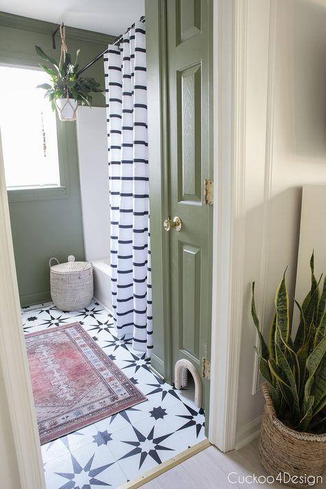 cat hole door in linen closet as litterbox area Removable Bathroom Flooring, Stick And Peel Bathroom Tile, Paint Color For Black And White Tile Bathroom, Front Bathroom Ideas, Bathroom With Green Floor Tile, White Bathroom Green Accents, Bathroom Stick On Tiles Wall, Floorpops Bathroom, Black And White Tile Bathroom Paint Wall Colors