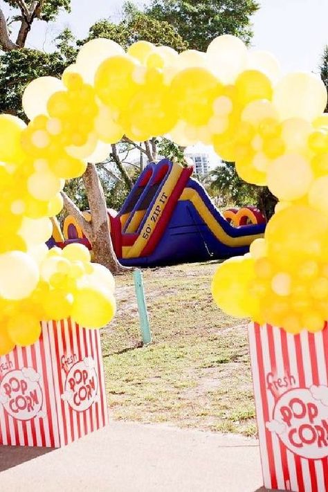 Don't miss this fantastic carnival-themed birthday party! The popcorn balloon arch is amazing! See more party ideas and share yours at CatchMyParty.com Popcorn Balloon Arch, Cardboard Cutouts Diy, Carnival Party Foods, Carnival Birthday Party Ideas, Birthday Popcorn, Two Besties, Diy Popcorn, Carnival Birthday Party Theme, Birthday Carnival