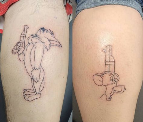 Another cartoon tattoo that represents your steadfast love after every argument is the Tom and Jerry design. This tattoo symbolizes that the two of you will still be together after every argument or difficult circumstance. Matching Father Daughter Tattoos Funny, Matching Cartoon Tattoos, Tom And Jerry Tattoos, Tom And Jerry Tattoo Ideas, Tom Og Jerry, Tattoo With Deep Meaning, Hers Tattoo, Tom And Jerry Tattoo, Tom I Jerry