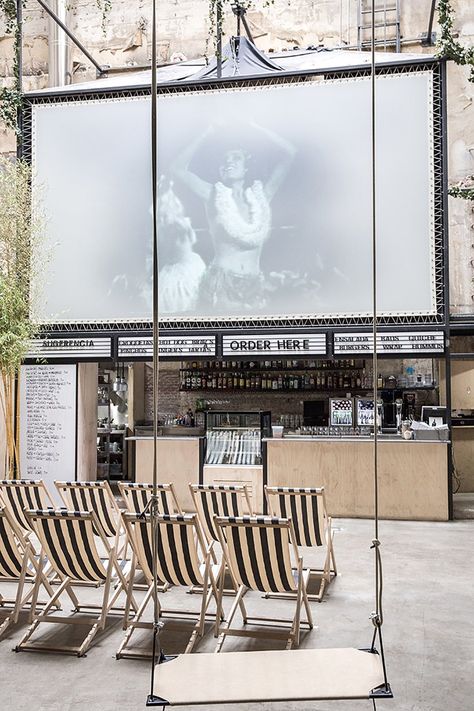 PLANTEA presents a vintage redesign of an abandoned cinema in madrid Architecture Restaurant, Open Air Cinema, Outdoor Cinema, Spanish Architecture, By Any Means Necessary, Modern Restaurant, Dark Interiors, Fitness Logo, Garden Sofa