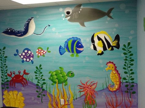 Under the sea. Hand painted murals by coloryourworldbyana.com Under The Sea Mural, Beach Hut Shed, Hand Painted Murals, Boys Room Mural, Sea Murals, Under Sea, Playground Ideas, Underwater Theme, School Wall Art