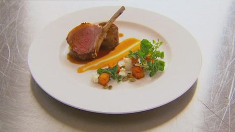 Roasted Lamb Rack and Braised Lamb Neck with Pumpkin and Sheeps Milk Feta Australia Recipes, Lamb Rack, Vinegar Chicken, Roasted Lamb, Dessert Original, Masterchef Australia, Braised Lamb, Weekend Dinner, Rack Of Lamb