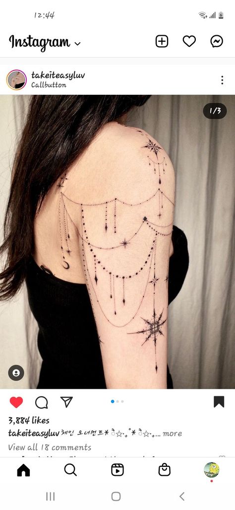 Chandelier Sleeve Tattoo, Chandelier Shoulder Tattoo, Stomach Tattoos Stars, Dangling Tattoo Design, Dangly Tattoo Designs, Back Necklace Tattoo, Woman Universe Tattoo, Moon And Stars Chest Tattoo, Moon Phases Shoulder Tattoo