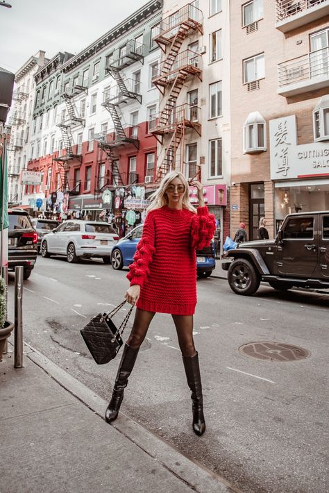 Little Italy NYC wearing Knit Bubble Sleeve Sweater Dress, fall outfit ideas, black to the knee boots, red dress. Red Sweater Dress Outfit Christmas, Knit Red Dress, Red Dress Boots Outfit, Red Knitted Dress, Red Sweater Dress With Boots, Red Dress Fall Outfit, Red Knit Dress Outfit, Red Knitted Sweater Dress, Red Dress Winter Outfit