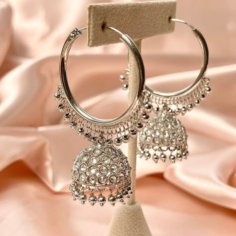 Luxury Round Jhumkas As Gift, Traditional Cheap Jhumkas Drop Earrings, Cheap Bollywood Style Metal Earrings, Silver Jhumkas Indian, Polki Chandbali, Hoop Earrings Indian, Silver Jhumka Earrings, Silver Jhumkas, Wedding Bollywood