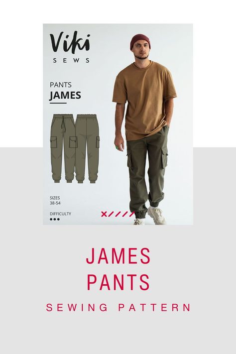 Vikisews James pants sewing pattern, US sizes 28 - 44 by Sewing Partner | The ultimate marketplace for digital sewing patterns in PDF format | Your Trusted Sewing Partner. ames is a pair of semi-fitted, straight pants gathered at the hems with wide elastic. The elastic is secured with two lines of topstitching. The pants feature slash pockets at the front and mid-thigh gusseted cargo pockets with flaps at the sides. Shop now! cargo pants, DIY cargo pants, cargo pants sewing pattern, men's pants Diy Cargo Pants, Cargo Pants Diy, Cargo Pants Sewing Pattern, Pants Diy, Men Pants Pattern, Mens Sewing Patterns, Pants Sewing, Fashion Design Patterns, Sewing Space