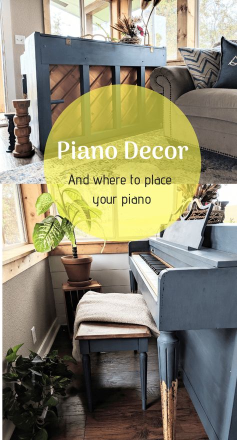 Electric Piano Decorating Ideas, Piano Makeover Diy, Piano Redo, Paint Piano Ideas, Painted Piano Ideas, Piano Makeover Ideas, Painting A Piano, Small Living Room With Piano, Painted Piano