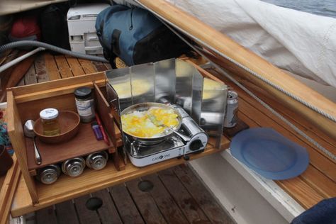 Bainbridge Island - Small Boats Magazine Boat Camping, Boat Galley, Water Under The Bridge, Chuck Box, Small Sailboats, Under The Bridge, Bainbridge Island, Galley Kitchen, Camp Kitchen