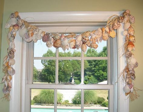 christmas window treatments | 23 Amazing DIY Window Treatments That Will Make Your Home Cozy | Style ... Sink Remodel, Seashell Garland, Coastal Windows, Seashell Ideas, Shell Garland, Diy Window Treatments, Seashell Projects, Kitchen Things, Beachy Decor