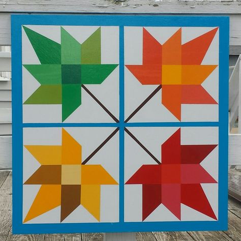 Maple leaves. Maple leaves barn quilts. Barn Quilt. Summer and fall leaves. Maple Leaf Quilt, Leaf Quilt, Painted Barn Quilts, Barn Quilt Designs, Barn Quilt Patterns, Quilt Squares, Barn Board, Fall Quilts, Diy Quilt