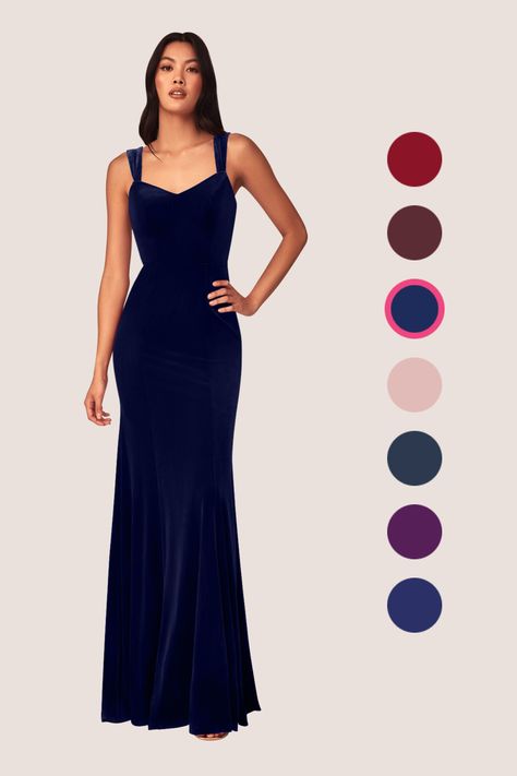 Give your bridesmaids a stunning look in our luxurious velvet A-line dress, Lanessa. She features a dropped V-neckline held by tank straps that lead to an open back detail with a button closure strap. This beautiful mermaid silhouette bridesmaid dress contours the body's natural curves making Emmette a perfect dress for a special occasion. Dark Navy Bridesmaid Dress, Jewel Tone Dress, Navy Bridesmaid Dress, Navy Velvet Dress, Velvet Bridesmaid, Dark Navy Bridesmaid Dresses, Navy Blue Bridesmaid Dresses, Velvet Bridesmaid Dresses, Navy Bridesmaid Dresses