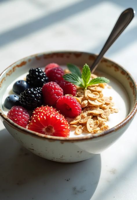 A rustic bowl filled with yogurt topped with strawberries, blackberries, raspberries, and crunchy granola, with a silver spoon partially submerged, set on a light gray textured surface. Greek Yogurt Breakfast Bowl, Yogurt Breakfast Bowl, Greek Yogurt Breakfast, Cafe Breakfast, Snack Easy, Creamy Yogurt, Perfect Healthy Breakfast, Yogurt Breakfast, Crunchy Granola