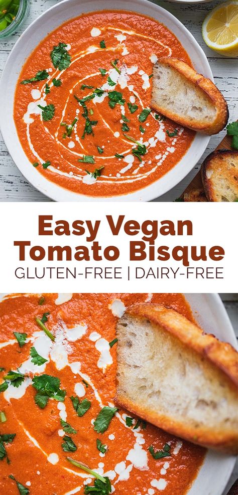 This easy vegan tomato bisque with roasted peppers is perfect for a comforting dinner that's rich, savoury and even better with a side of crusty bread. Gluten-free and ready in around 35 minutes. #tomatobisque #vegansoup #vegandinner Vegan Bisque, Vegan Tomato Bisque, Roasted Tomato Bisque, Df Meals, Vegan Noodle Soup, Vegan Tomato Soup, Fall Meals, Comforting Dinner, Vegan Grilling