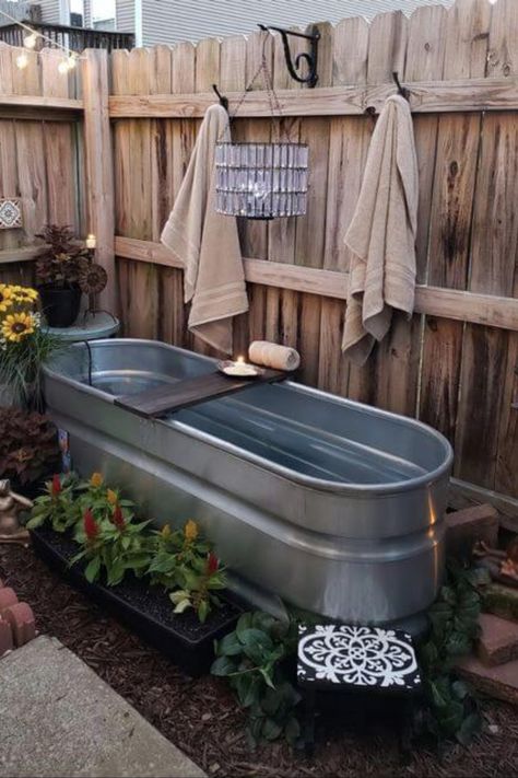 20 Astound DIY Water Trough Projects Bathtub Hot Tub, Outside Soaking Tub, Backyard Soaking Tub, Stock Tank Soaking Tub, Stock Tank Outdoor Bathtub, Diy Outdoor Bathtub Ideas, Steel Tube Ideas, Outdoor Soaking Tub Backyard, Outside Tub Ideas