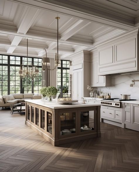 High End Transitional Kitchen, White Big Kitchen, Luxury Modern Farmhouse Kitchen, Kitchen Tall Ceilings, Extra Large Kitchen Island, Huge Kitchen Luxury, Formal Kitchen, White Classic Kitchen, Kitchen Beams