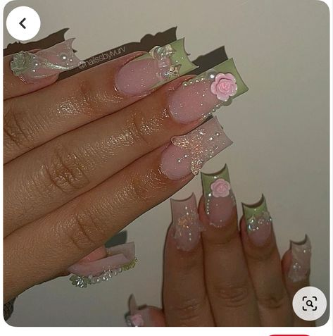 Pink With Green Nails, Hunter Green And Pink Nails, Fairy Purple Nails, Nature Theme Nails, Green Sweet 16 Nails, Enchanted Forest Theme Nails, Green Inspo Nails, Sweet 16 Nails Short, Jell Nails Ideas