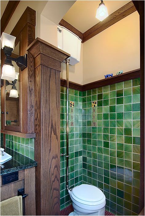 Arts & Crafts (1910-1925) design bathroom Bathroom With Green Tile, Arts And Crafts Bathroom, Dark Green Bathrooms, Green Tile Bathroom, Kids Bedroom Remodel, Craftsman Bathroom, Bathroom Remodel Cost, Bad Inspiration, Room Tiles