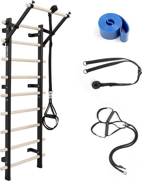 Amazon.com : RIOWLAU Swedish Ladder, Wood Stall Bar with Suspension Trainer Straps, Pull-Up Dip Bar Attachment, 10 Strategic Rods, for Home, School, hysical Therapy and Gymnastics : Sports & Outdoors Pullup Bar Diy, Wooden Pull Up Bar, Wall Pull Up Bar, Home Made Pull Up Bar, Wall Mounted Pull Up Bar, Ballet Stretches, Dip Bar, Suspension Trainer, Gymnastics Training