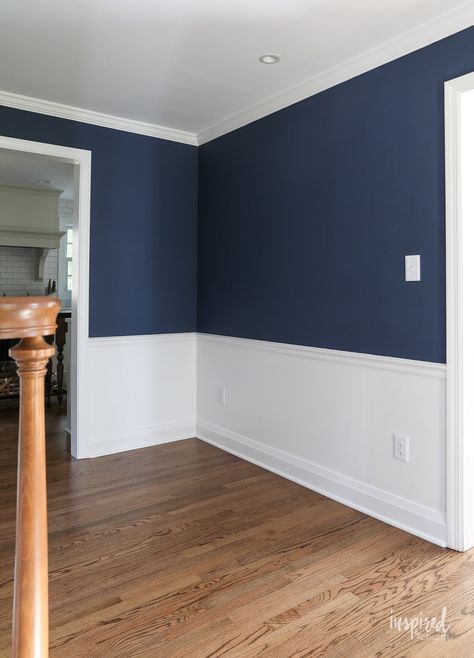 Half And Half Bedroom Walls, Entryway Cabinetry, Blue And White Walls, Custom Entryway, Foyer Colors, Ideas Entryway, Navy Living Rooms, White Wainscoting, Blue Accent Walls