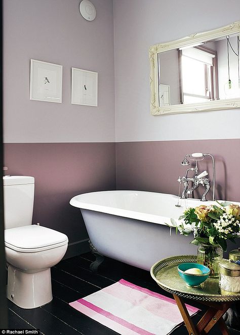 In the bathroom, Annabel created a two-tone paint effect on the walls with Calluna above and Brassica below, both by Farrow & Ball (farrow-ball.com). The WC is by Duravit (duravit.co.uk). The bowl and tray are from Morocco; find similar at Not On The High Street (notonthehighstreet.com) Two Tone Bathroom Walls, Two Tone Bathroom, Two Tone Walls, London Houses, Two Tone Paint, Revere Pewter, Bathroom Walls, Interior Painting, Unique Bathroom