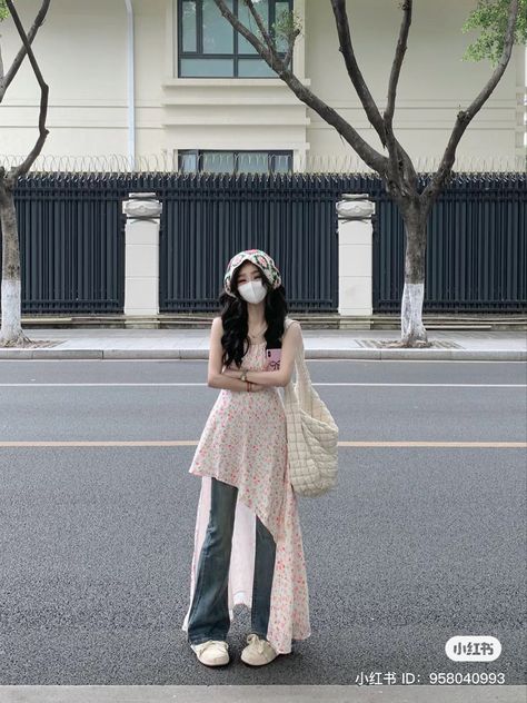 Korean Flare Pants Outfit, Dress With Jeans Outfit Korean, Korean Fashion Summer 2024, Dresses Over Jeans Aesthetic, Pants Under Dress Outfits, Dress Over Jeans Outfit Korean, Dress Over Jeans Aesthetic Korean, Dress Over Pants Korean, Dresses With Jeans Underneath Y2k