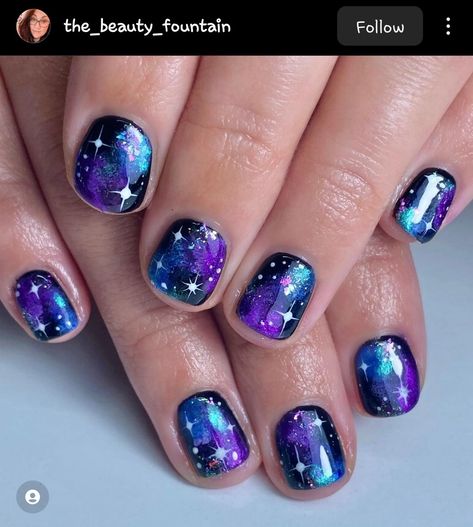 Coldplay Nails, Space Nails Galaxy, Nail Galaxy, Cosmic Nails, Galaxy Nail, Firework Nails, Galaxy Nail Art, Gel Paint, Space Nails