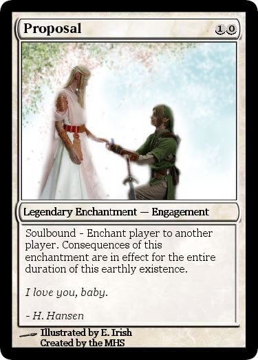 A card based on Magic the Gathering (and Legend of Zelda) that I helped create for a friend - he used this to propose to his long time girlfriend :D Dnd Proposal, Magic The Gathering Wedding, Mtg Wedding, Fantasy Lifestyle, Viking Party, Zelda Wedding, Spring Wedding Outfit, Nerdy Wedding, Eco Wedding