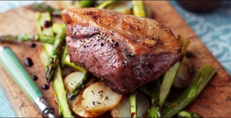 Roasted Lamb Rump with Potatoes, Asparagus and Mint Dressing. Delicious lamb mini roast. Lamb Rump, Cook Lamb, Potatoes Asparagus, Mint Dressing, Roasted Lamb, Welsh Recipes, Special Meals, How To Cook Lamb, Ground Beef Pasta