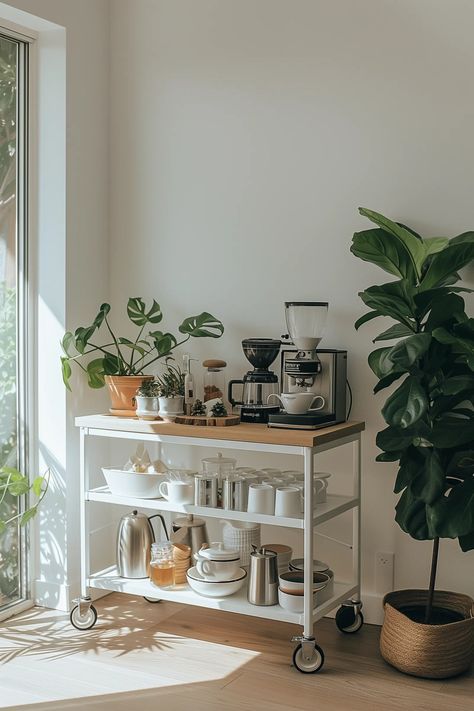 21 Creative Farmhouse Coffee Bar Ideas You Need To See Coffee And Tea Bar Ideas, Minimalist Coffee Station, Simple Coffee Bar Ideas, Coffee Cart Ideas, Farmhouse Coffee Bar Ideas, Corner Coffee Station, Corner Coffee Bar Ideas, Minimalistic House, Bar Design Home