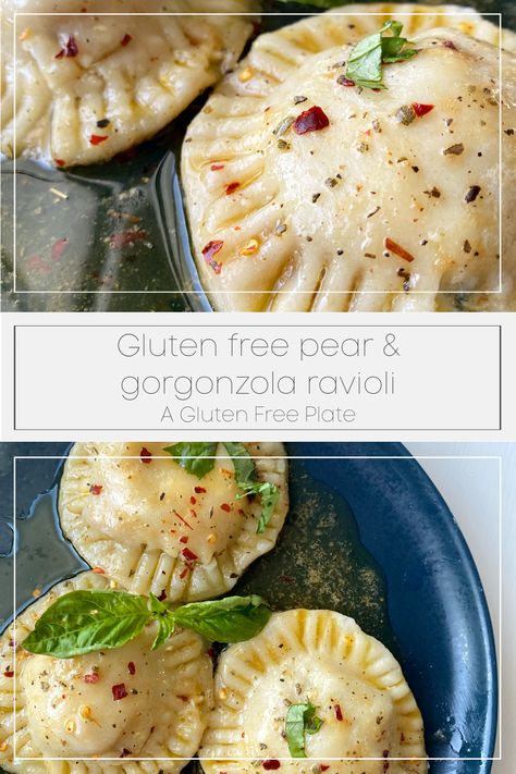 Check out this recipe for gluten free pear and gorgonzola ravioli! This recipe is great for anyone who is lokoing for gluten free pasta, gluten free ravioli, egg free pasta, egg free ravioli, vegetarian ravioli, or just an easy ravioli recipe. #glutenfree #vegetarian #eggfree #pasta #glutenfreepasta Pear And Gorgonzola Ravioli, Gf Ravioli Recipe, Vegetarian Ravioli Filling, Gluten Free Ravioli Dough, Ravioli Vegetarian, Egg Free Pasta, Gluten Free Ravioli Recipe, Ravioli Recipe Filling, Easy Ravioli Recipe