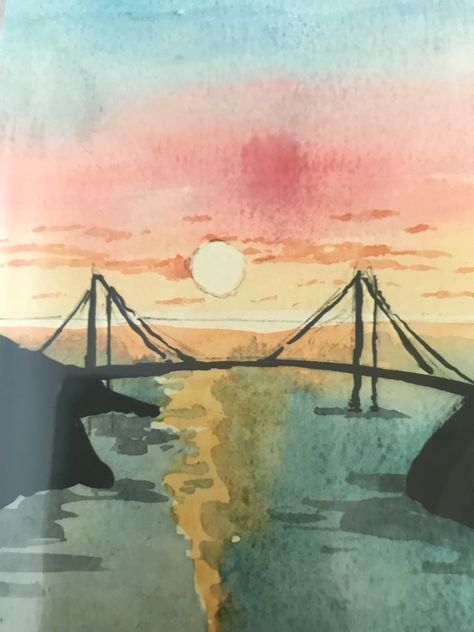 Easy sunset painting Watercolor Art Sunset Easy, Bridge Watercolor, Watercolor Painting Easy, Bridge Painting, Watercolor Paintings Nature, Watercolor Sunset, Watercolor Ideas, Cute Paintings, Water Colors