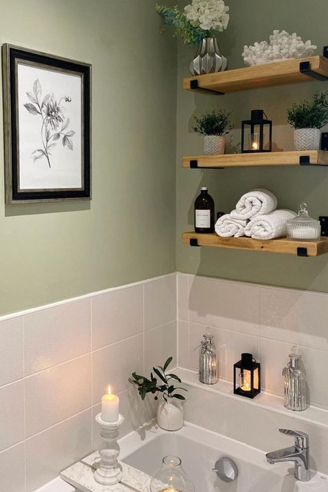 28 Bathroom Counter Decor Ideas To Quickly Upgrade Your Space - The Chic Quota Green Wall Bathroom Ideas, Sage Green Bathroom Decor Ideas, Small Bathroom Spa Decor Ideas, Cream And Green Bathroom, Decorated Bathrooms Ideas, Boho Bathroom Color Schemes, Bathroom Ideas Sage Green, Bathroom Aesthetic Green, Bathroom Green Decor