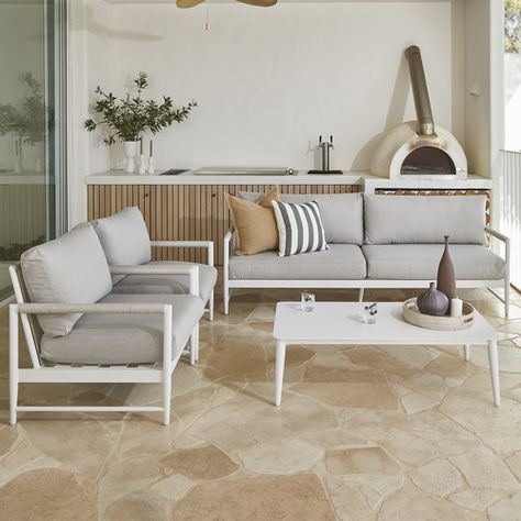 Crisp, cool, and simple, this outdoor lounge set helps you make the most of warmer days in comfort. The outdoor furniture is made with strong, weather-resistant materials, including powder-coated aluminium and synthetic rope, and the cushions are generously filled The white finish gives you a taste of the Mediterranean - just add antipasti and aperitivos and enjoy! Features: - Materials: powder-coated aluminium & polyester rope frame, 200GSM spun polyester fabric cushion cover, foam & po White Lounge Set, Outdoor Furniture Australia, Outdoor Renovation, Rope Frame, X Coffee Table, Wardrobe Furniture, Outdoor Lounge Set, Single Chair, Outdoor Diy