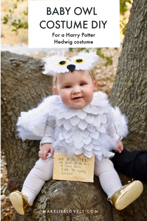 Make a baby owl costume or Harry Potter Hedwig costume with this simple tutorial! This darling baby Halloween costume is no sew and can be made with (or without) a Cricut machine. Baby Hedwig Costume, Diy Hedwig, Owl Costume Kids, Baby Owl Costume, Baby Harry Potter Costume, Owl Costume Diy, Owl Costumes, Hedwig Costume, Owl Halloween Costumes