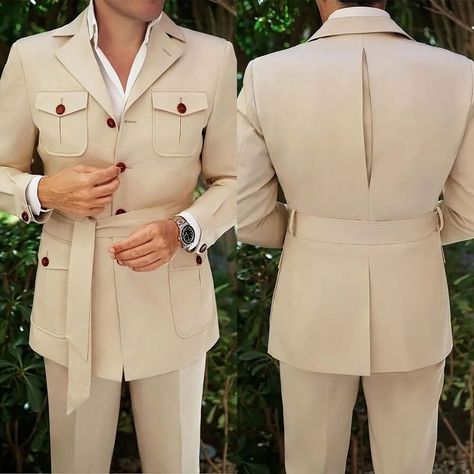 Men Safari Jacket, Safari Suits For Men Mens Fashion, Safari Suits For Men, Modest Street Fashion, Blazer With Belt, Safari Outfit, Menswear Inspiration, Wedding Outfits For Groom, Boss Dress