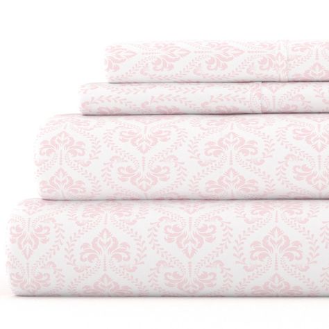 Give your room a refreshing new look and feel with this patterned 4 piece sheet set. Featuring an elegant design of lightly outlined flowers and vines, each piece is double brushed to give the set an ultra soft and cozy texture. Our premium yarns are twice as durable as cotton, wrinkle resistant and ideal for sensitive skin and those with allergies. Twin size comes as a 3 piece set with one pillowcase. Pink Bed Sheets, Pillow Case Mattress, Pattern Sheet, Pink Sheets, College Apartment Decor, Pink Pattern, Pink Bedding, Pink Room, Printed Sheets